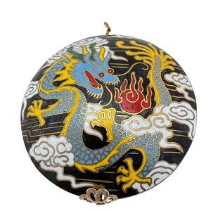 Cloisonne Vtg Enamel Dragon Black Bead Clouds Fire 2" Diameter Gold-Tone Trim